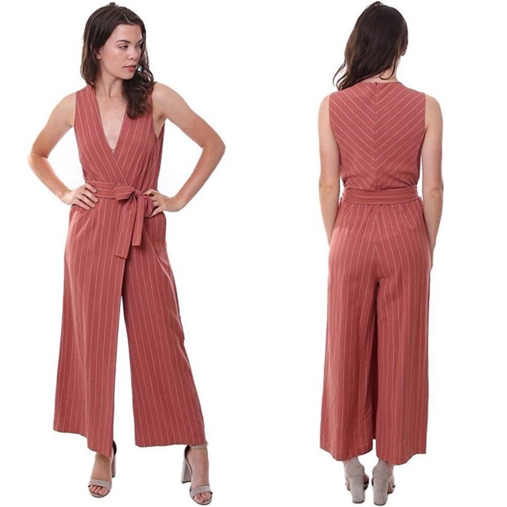 Saylor Womens Emery Stripe Jumpsuit Size XS Linen Blend Wide Leg Preppy Coastal